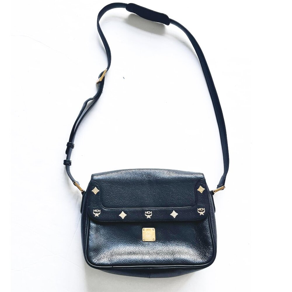 MCM Vintage Leather Messenger Bag, Black/Gold